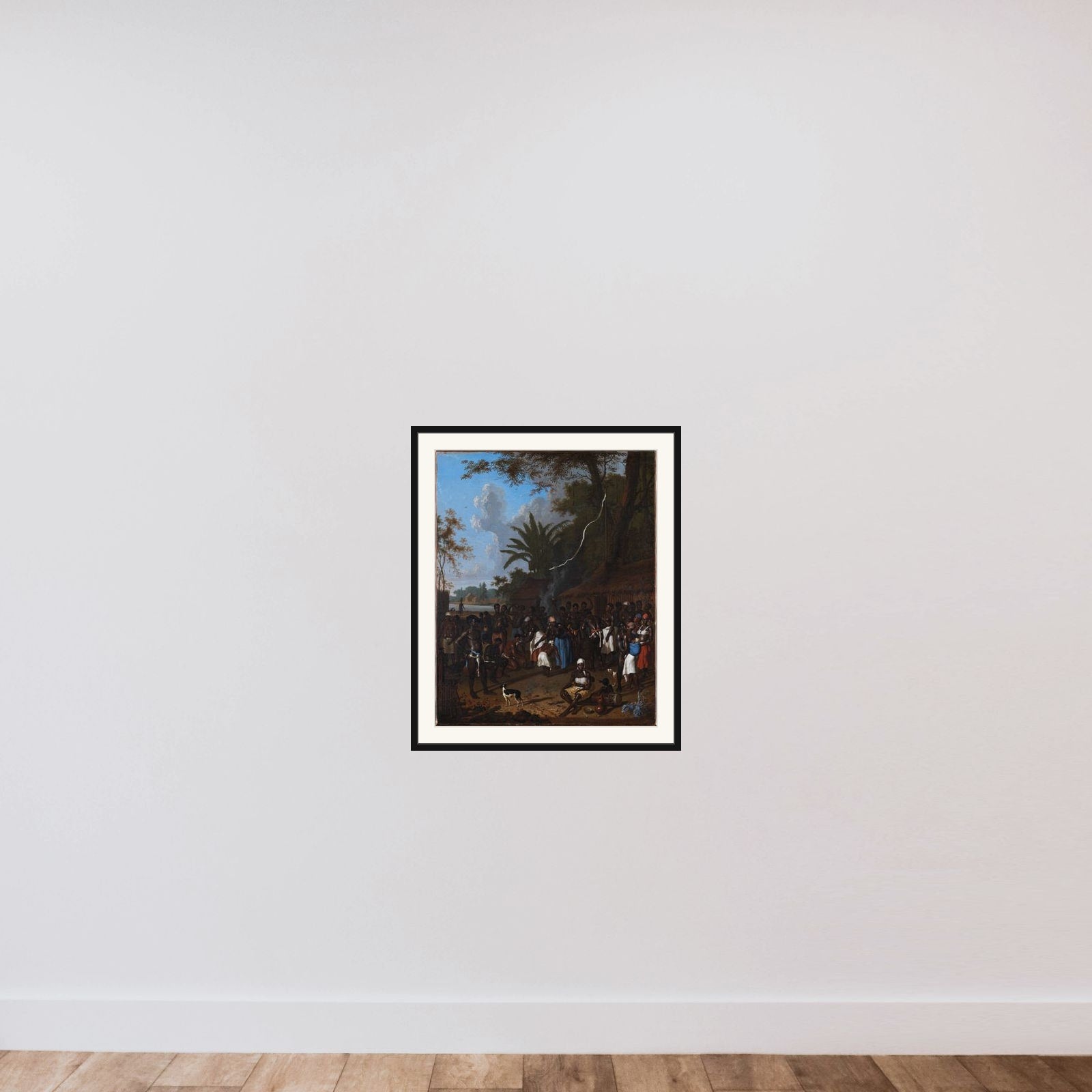 Sammenkomst af slavegjorte på en af Jonas Witsens plantager i Surinam framed — shown to scale
