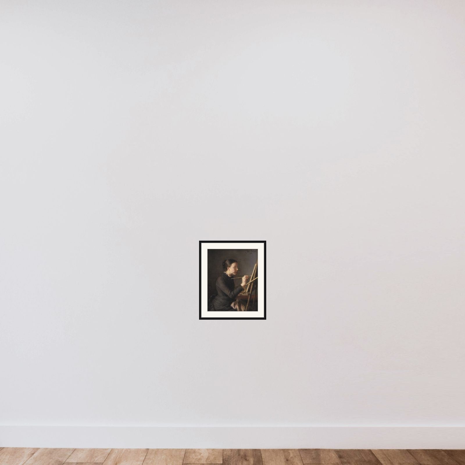 Malerinden Agnes Paulsen, kunstnerens søster, ved staffeliet framed — shown to scale