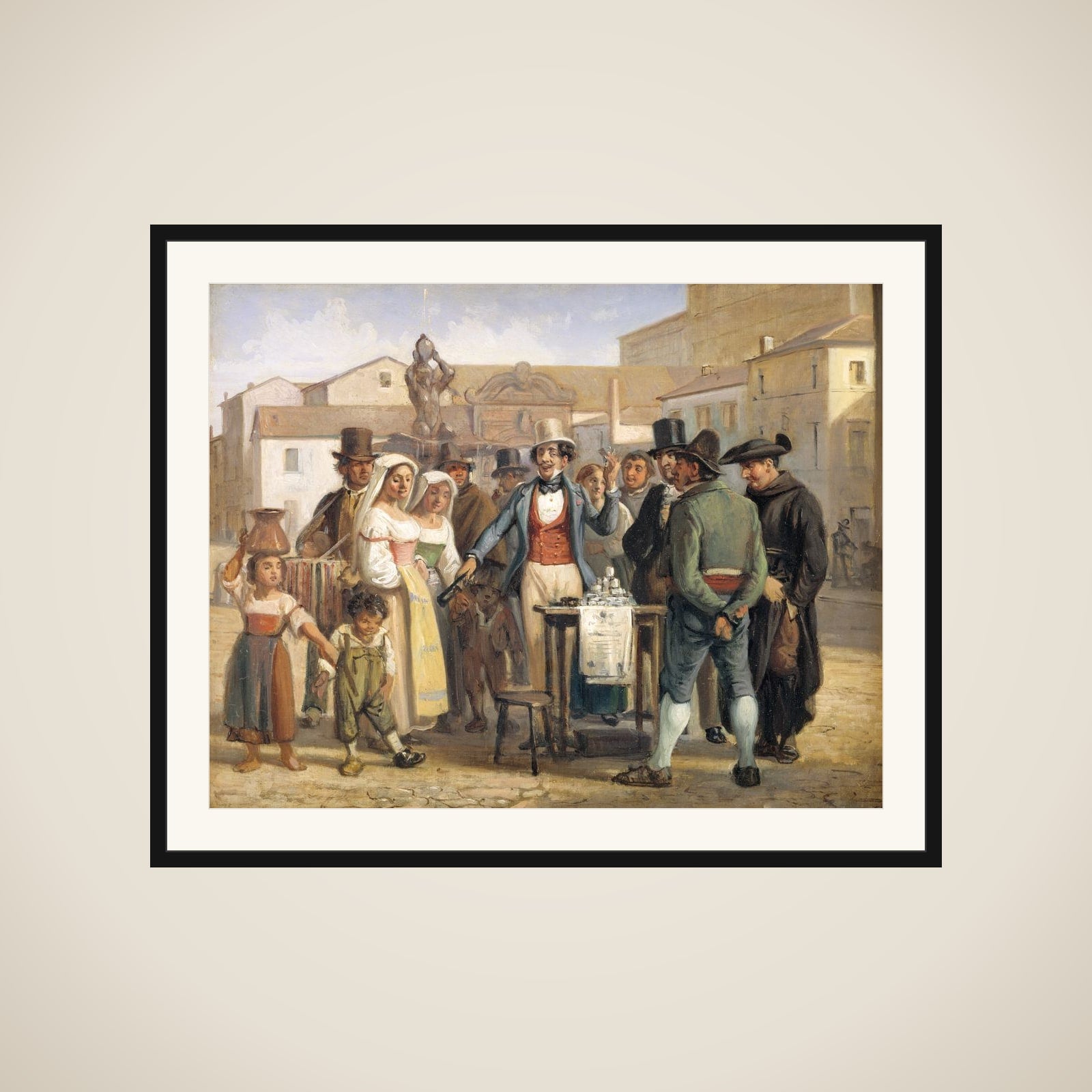 En charlatan sælger blanksværte på Piazza Barberini i Rom framed