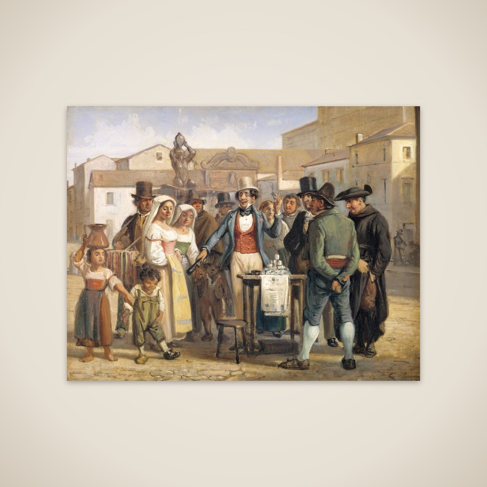 En charlatan sælger blanksværte på Piazza Barberini i Rom unframed print