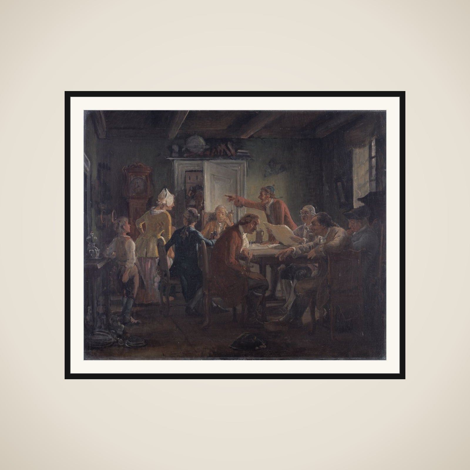 Collegium Politicum. Fra Ludvig Holbergs Den Politiske Kandestøber, 1. Akt, 2.Scene. framed
