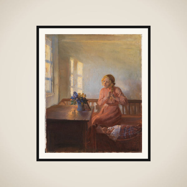 Interiør med en ung pige, der fletter sit hår framed
