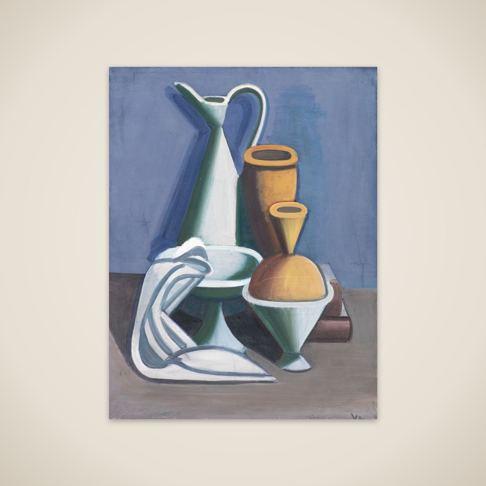 Opstilling med vandkande, håndklæde og krukker unframed print