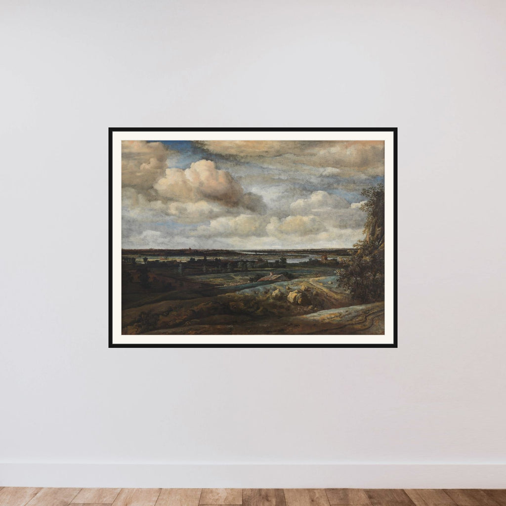 Hollandsk panorama-landskab med Haarlem i det fjerne framed — shown to scale