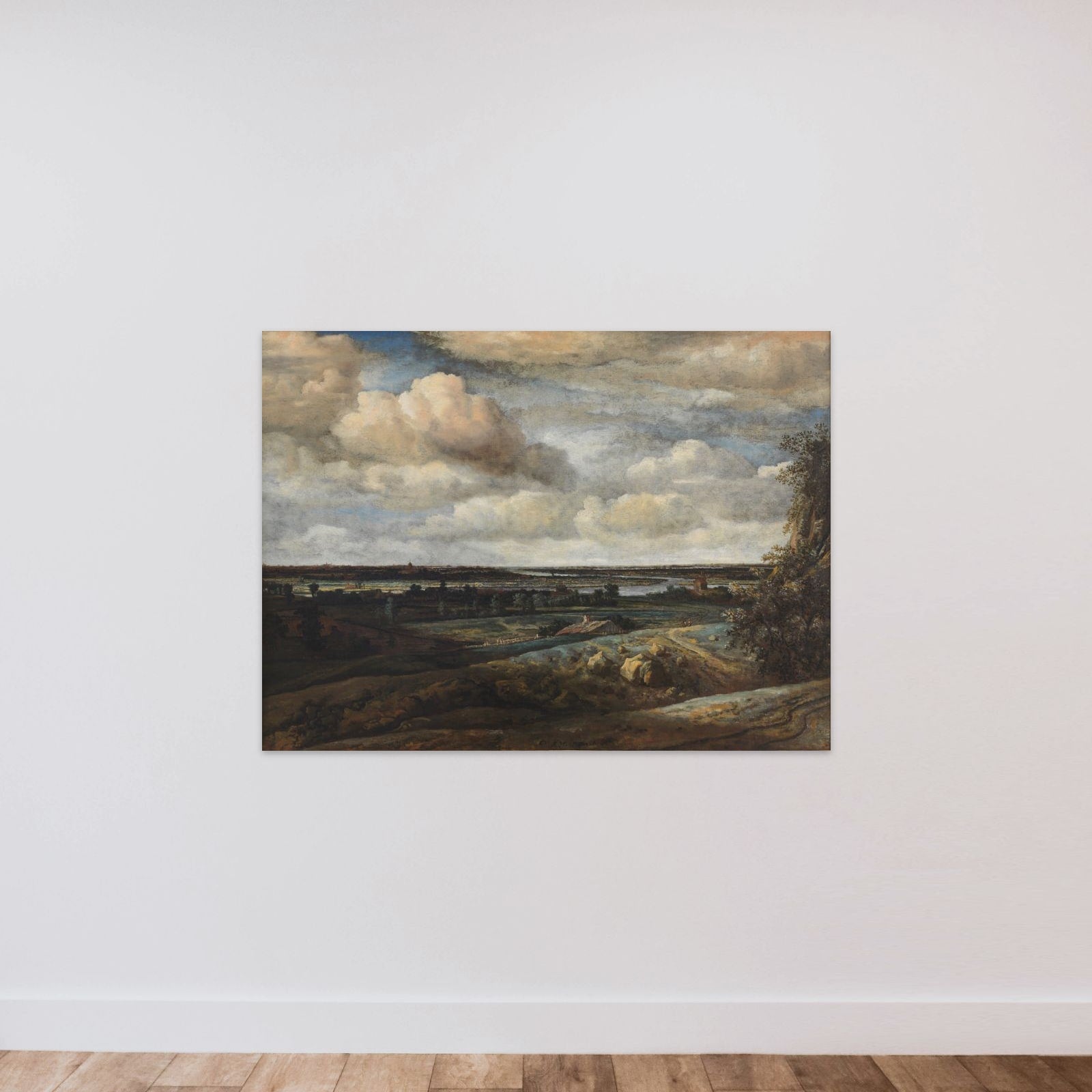 Hollandsk panorama-landskab med Haarlem i det fjerne unframed — shown to scale