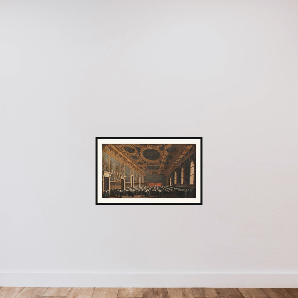 Dogen og det store råd forsamlede i Sala del consiglio maggior i Dogepaladset framed — shown to scale