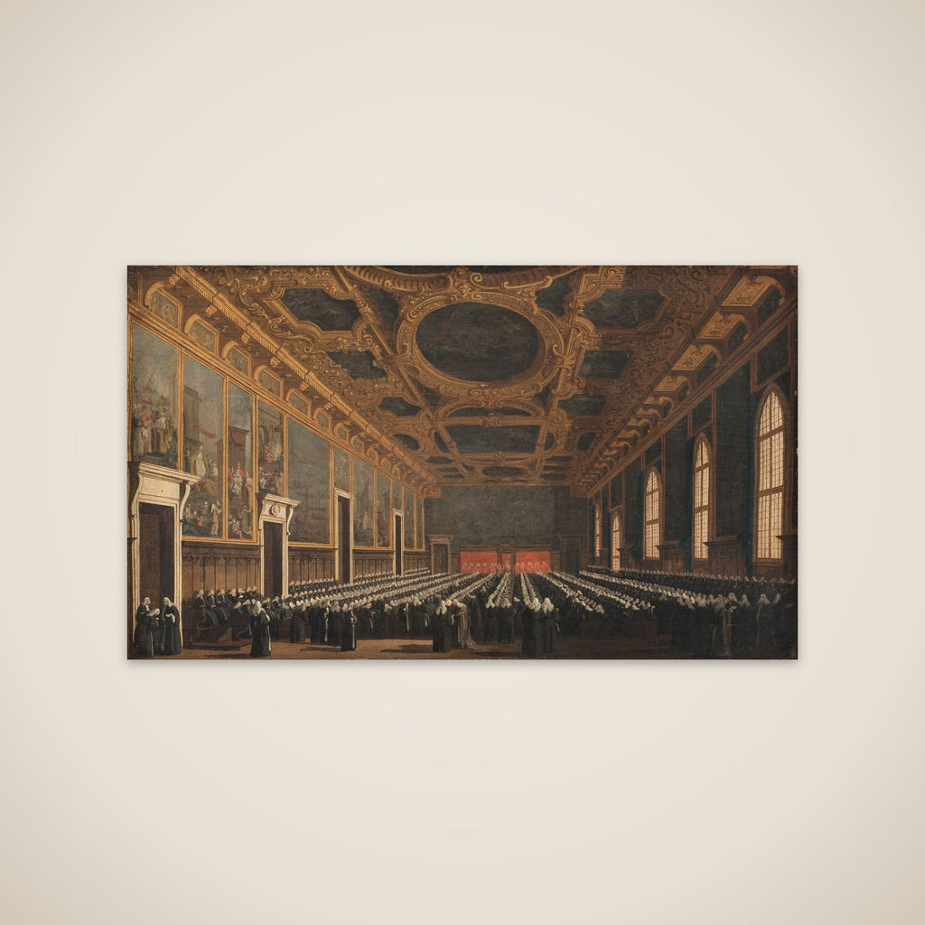 Dogen og det store råd forsamlede i Sala del consiglio maggior i Dogepaladset unframed print