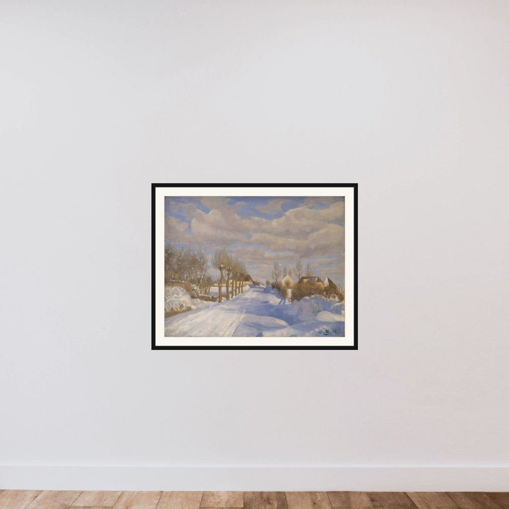 Snedækt landevej i solskin framed — shown to scale