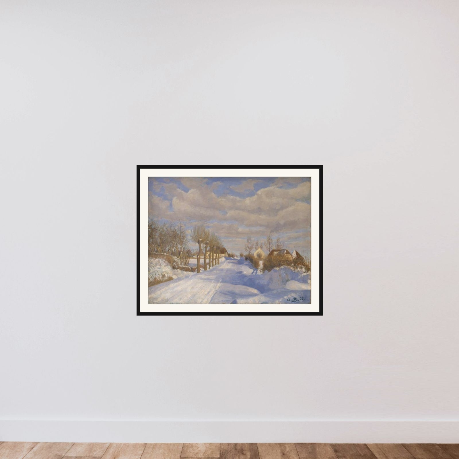 Snedækt landevej i solskin framed — shown to scale