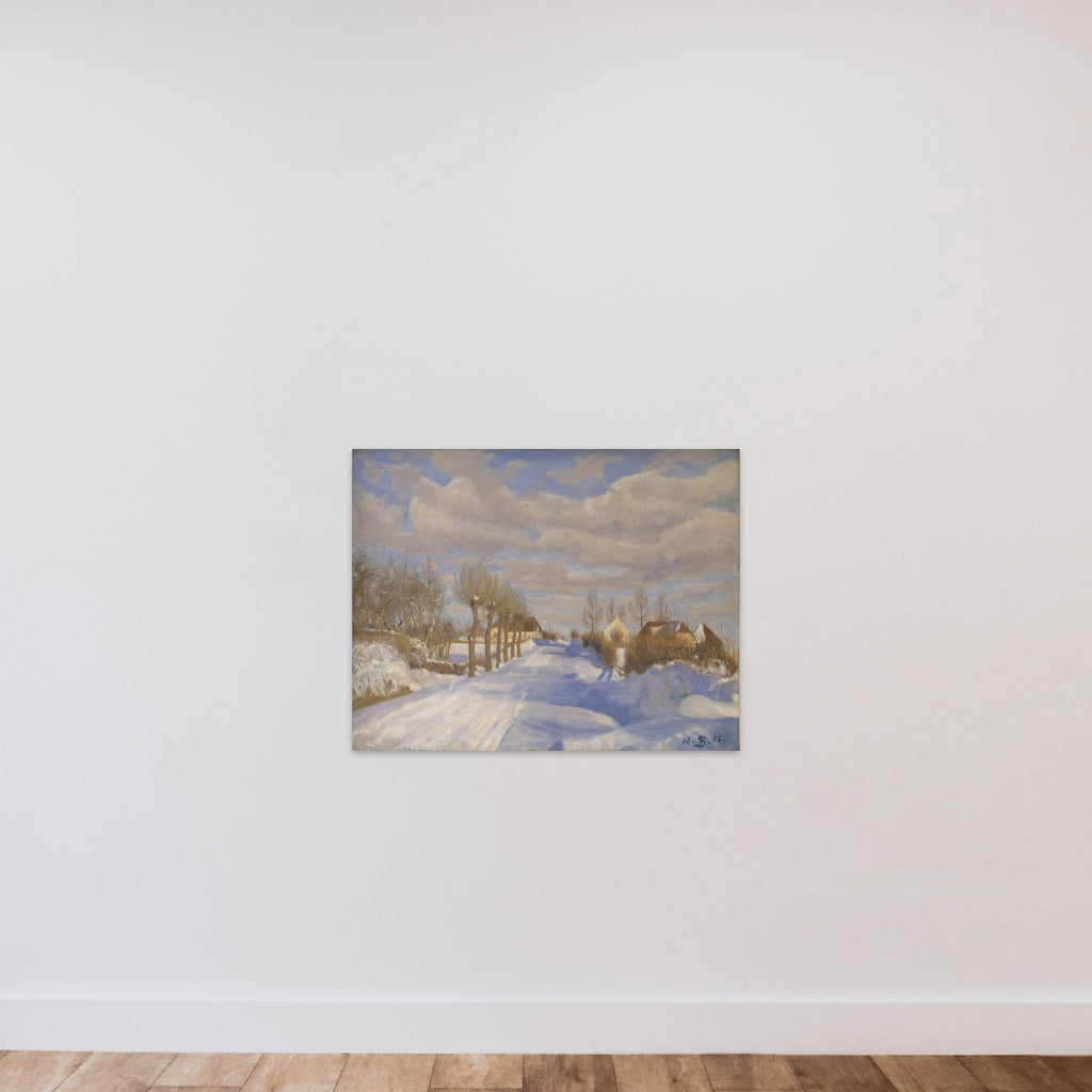 Snedækt landevej i solskin unframed — shown to scale