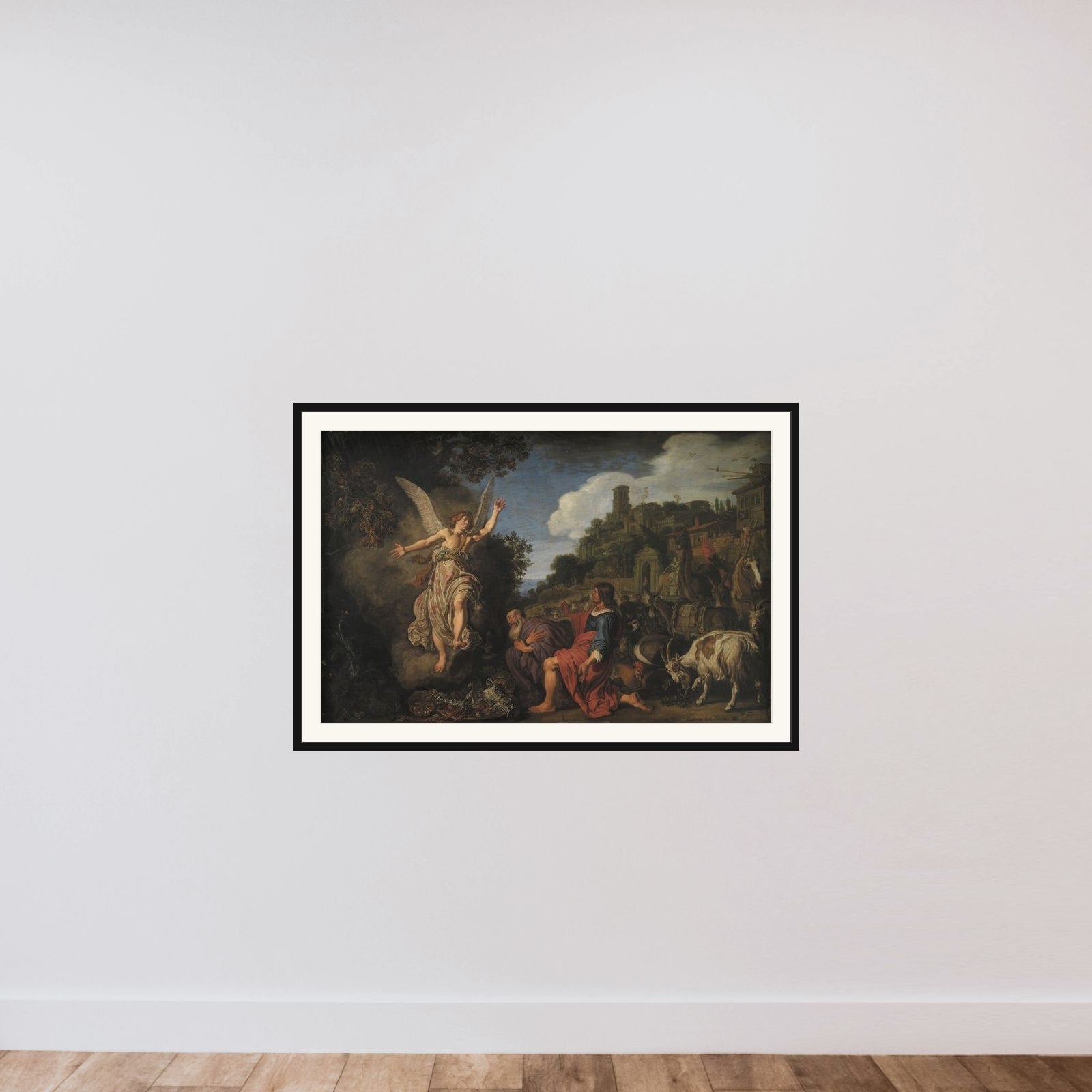 Englen Rafael tager afsked med den gamle Tobit og hans søn Tobias framed — shown to scale