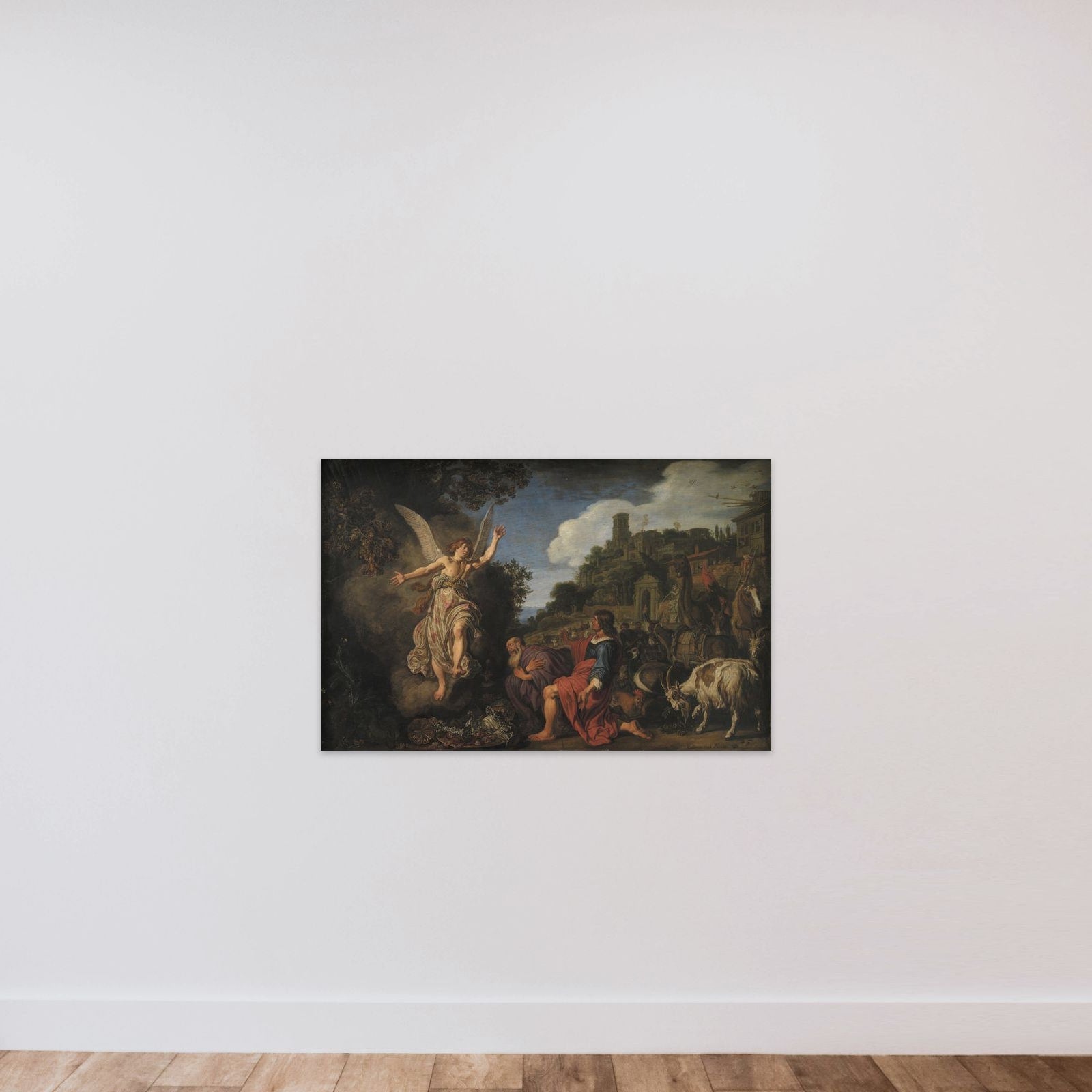 Englen Rafael tager afsked med den gamle Tobit og hans søn Tobias unframed — shown to scale