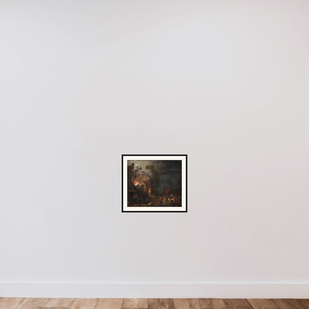 En landsby plyndres om natten framed — shown to scale