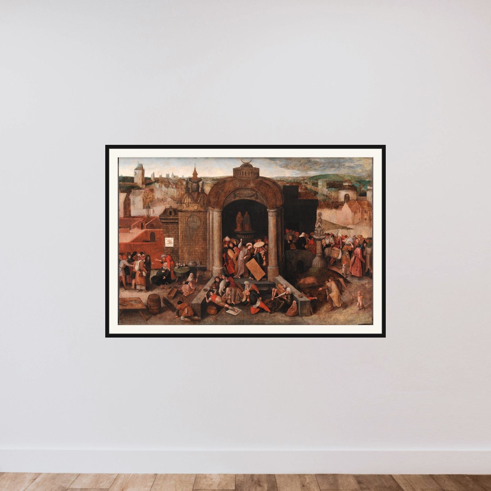Kristus uddriver kræmmerne af templet framed — shown to scale