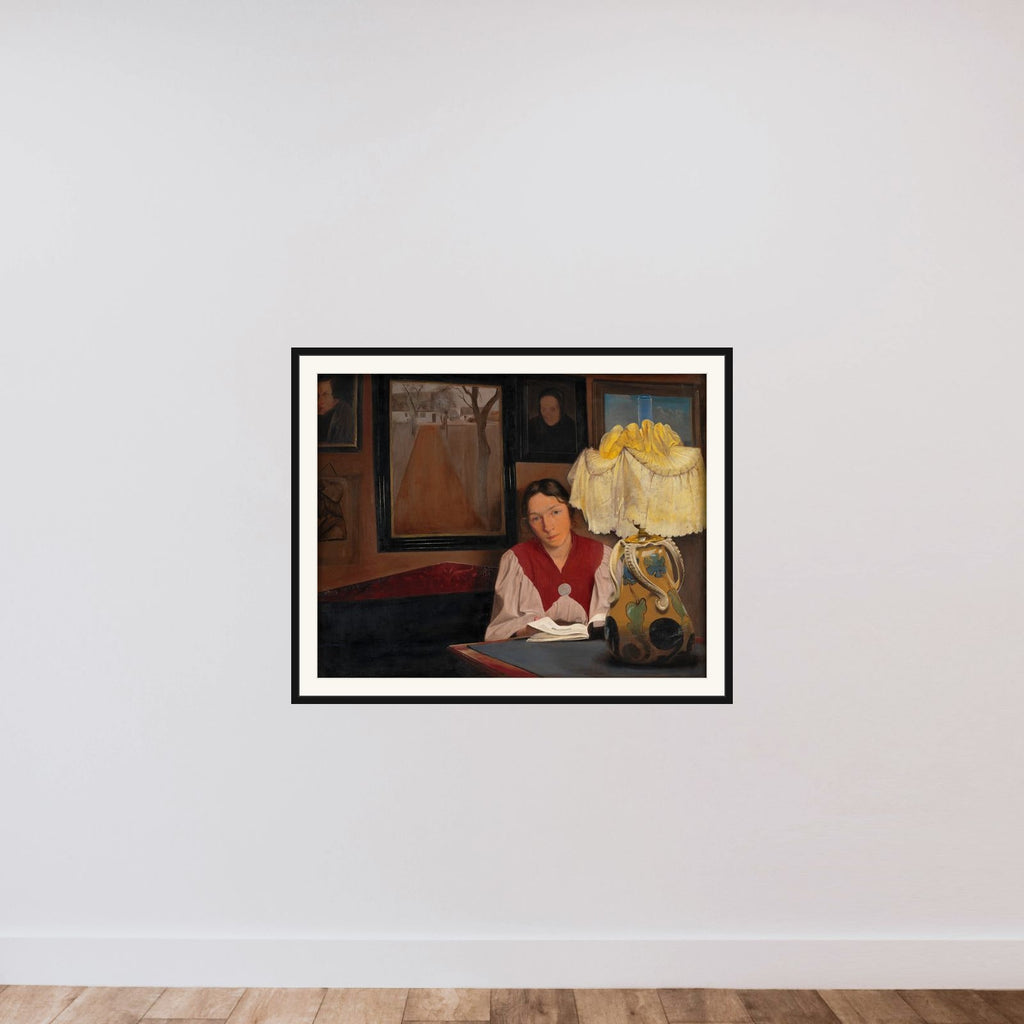 Lampelys. Interiør med kunstnerens hustru framed — shown to scale