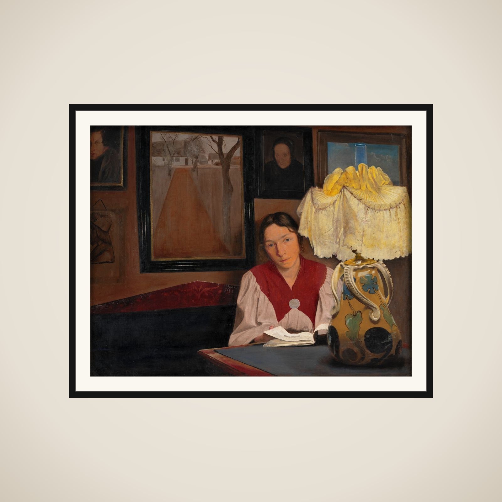 Lampelys. Interiør med kunstnerens hustru framed