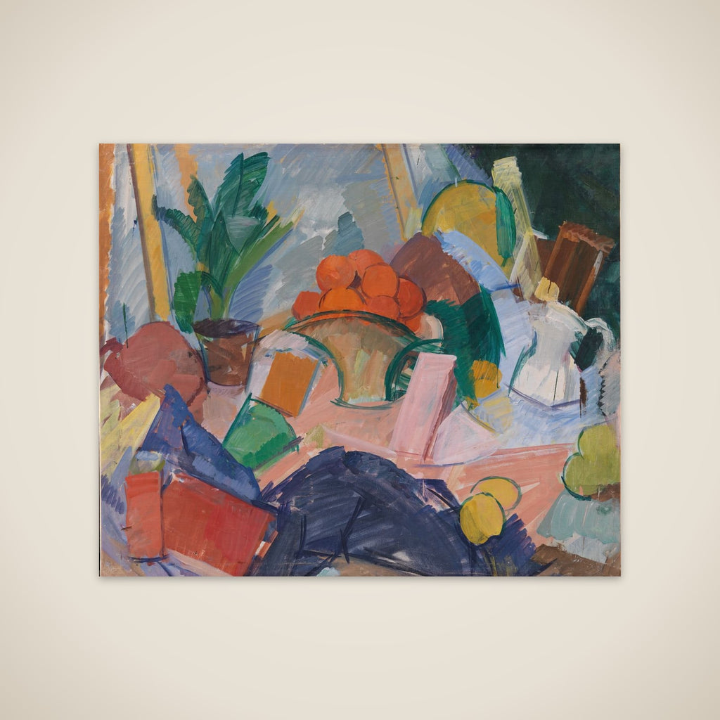 Opstilling med en blomsterkurv med appelsiner unframed print