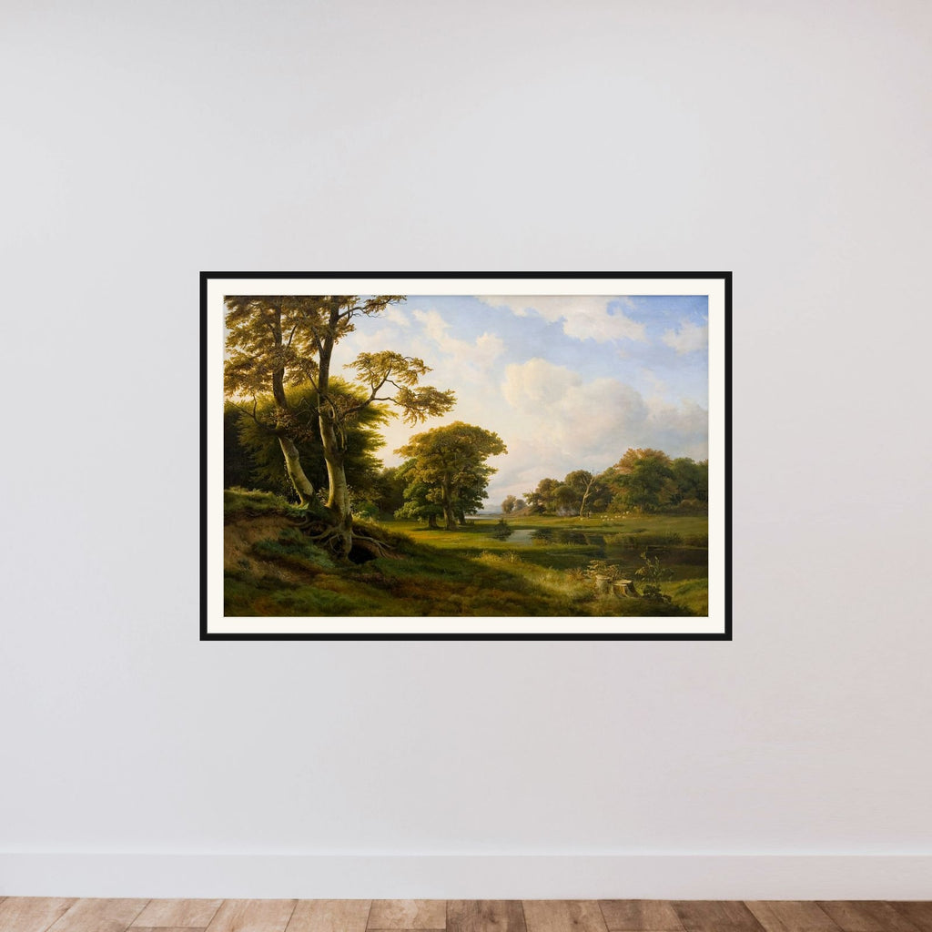 Skovlandskab ved Hellebæk. Efterår framed — shown to scale
