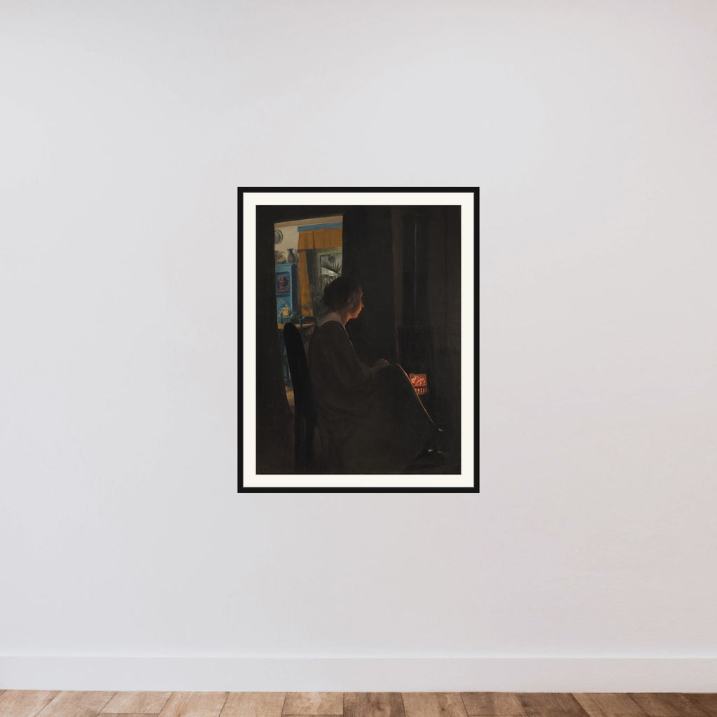 Skumring. Kunstnerens hustru ved kakkelovnen framed — shown to scale