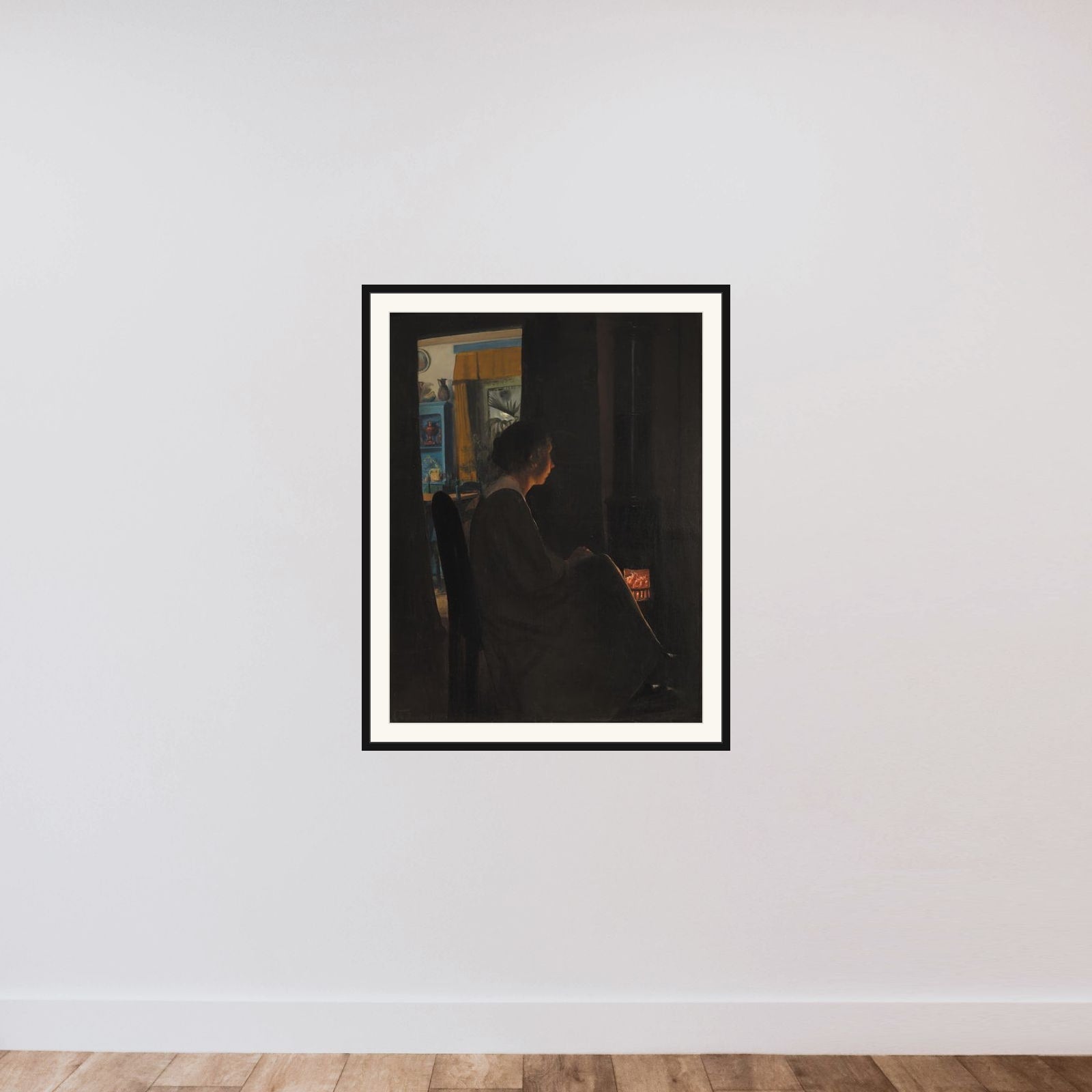 Skumring. Kunstnerens hustru ved kakkelovnen framed — shown to scale