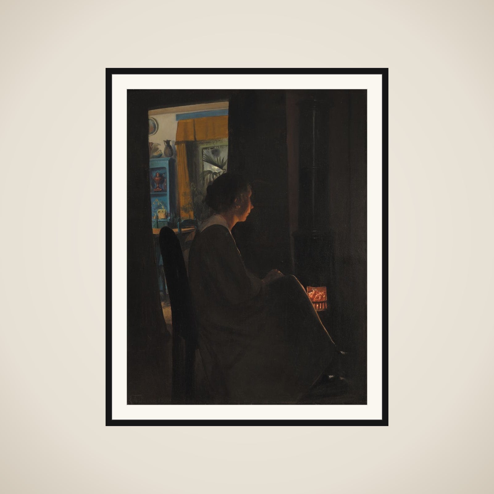 Skumring. Kunstnerens hustru ved kakkelovnen framed