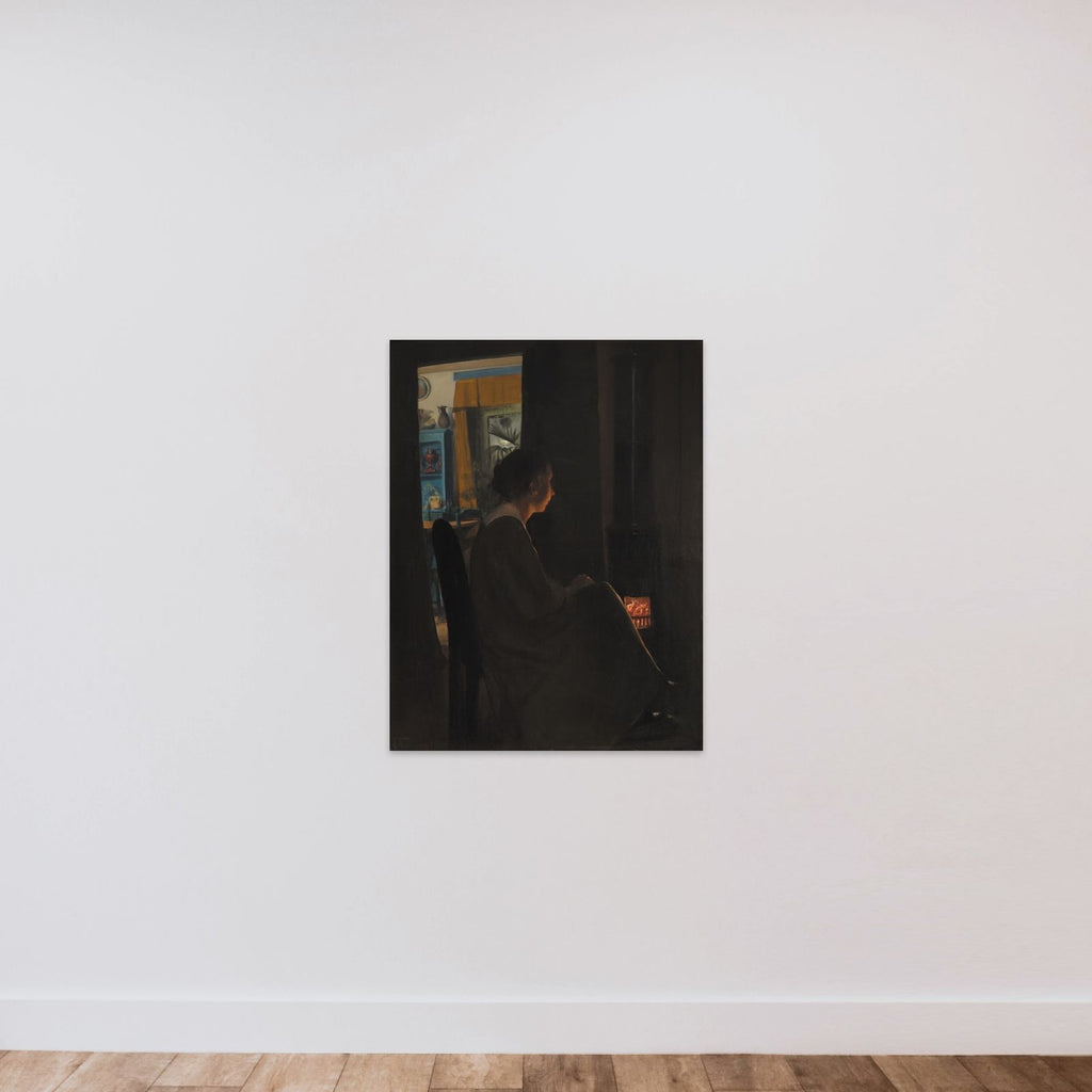 Skumring. Kunstnerens hustru ved kakkelovnen unframed — shown to scale
