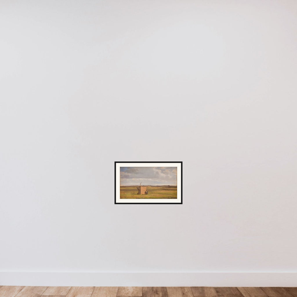 Jysk hedelandskab med kunstnerens vindskærm framed — shown to scale