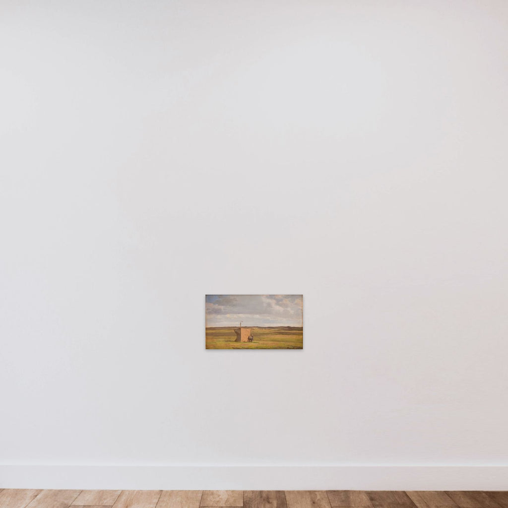 Jysk hedelandskab med kunstnerens vindskærm unframed — shown to scale
