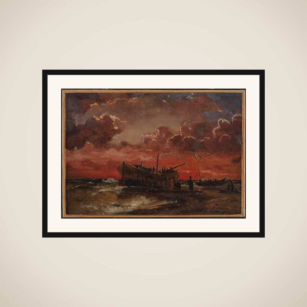 Et vrag på Jyllands vestkyst ved solnedgang framed