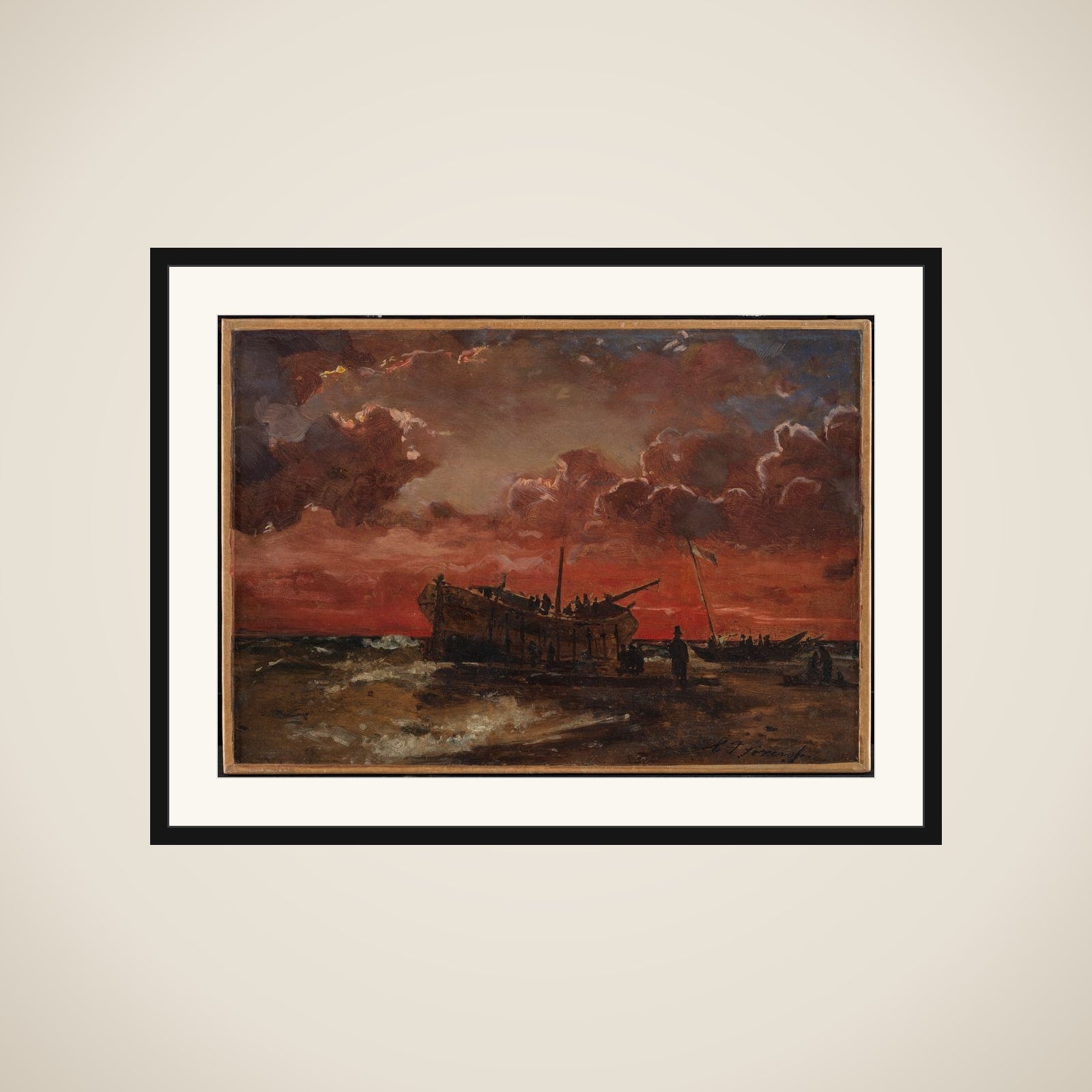 Et vrag på Jyllands vestkyst ved solnedgang framed