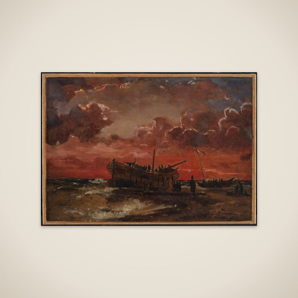 Et vrag på Jyllands vestkyst ved solnedgang unframed print
