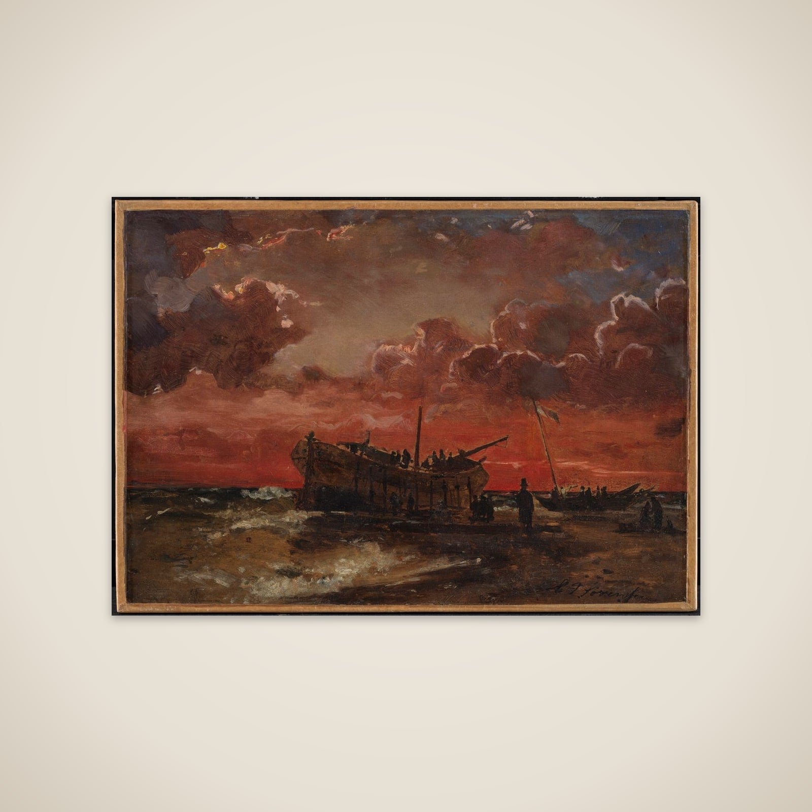 Et vrag på Jyllands vestkyst ved solnedgang unframed print
