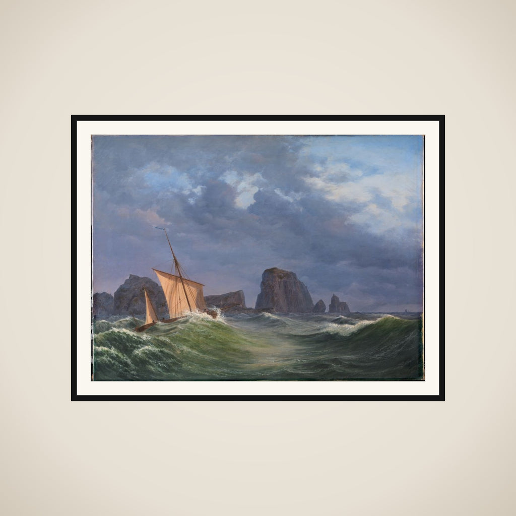En shetlandsk fiskerbåd i stormfuldt vejr nord for Orkneyøerne framed