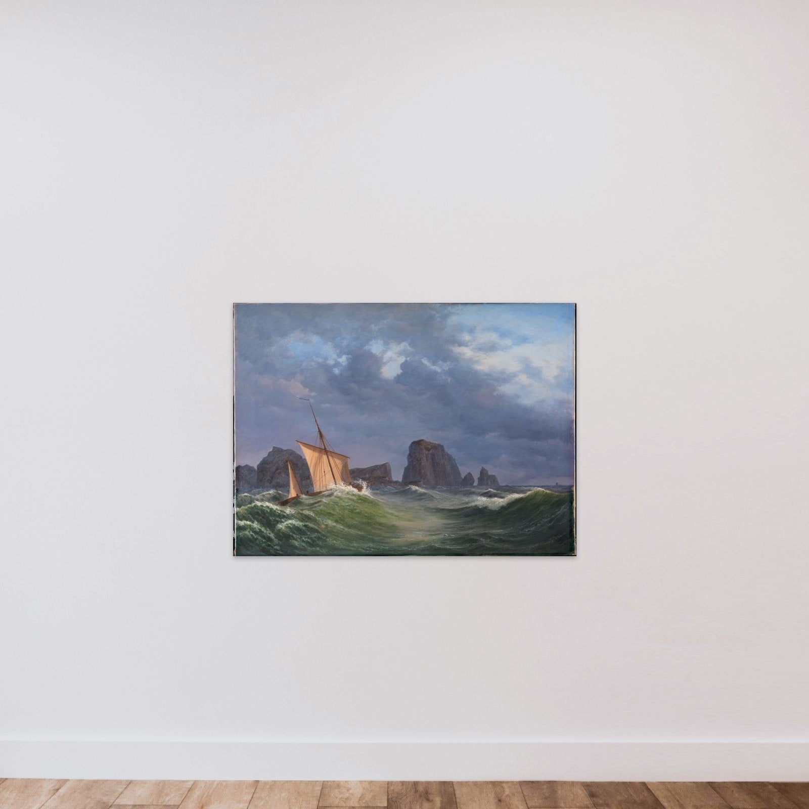 En shetlandsk fiskerbåd i stormfuldt vejr nord for Orkneyøerne unframed — shown to scale