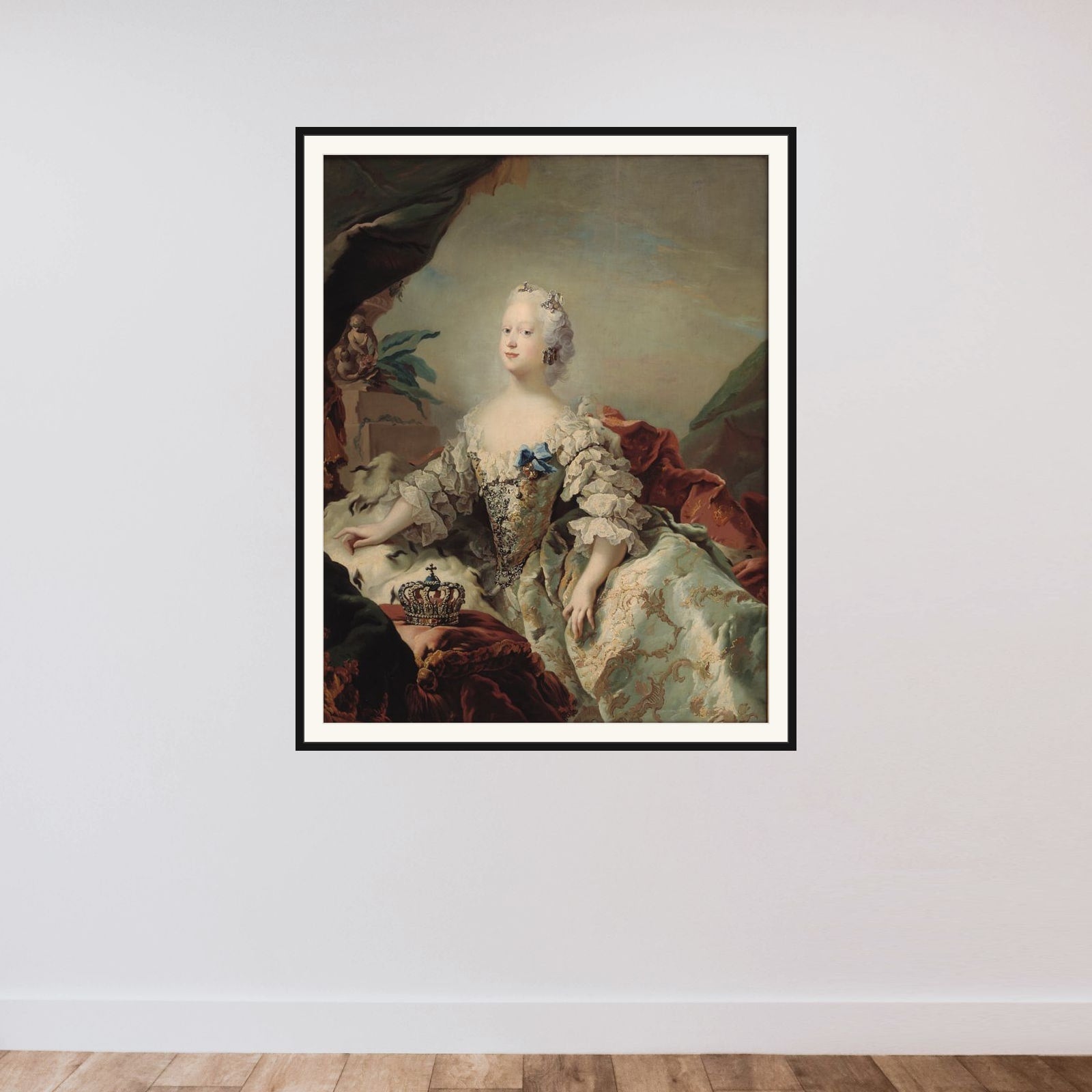 Portræt af Louise, Frederik V's første dronning, i salvingsdragt framed — shown to scale