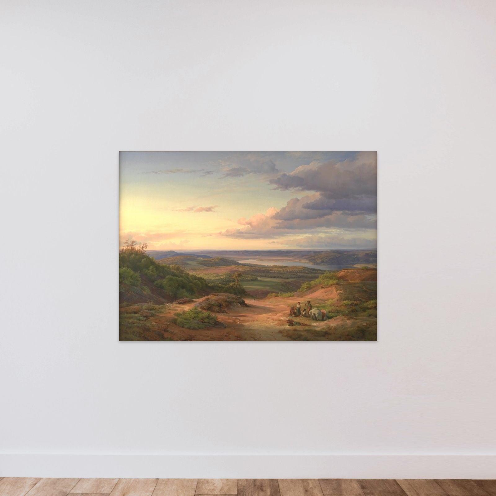 Et landskab ved Himmelbjerget. I forgrunden en taterfamilie unframed — shown to scale