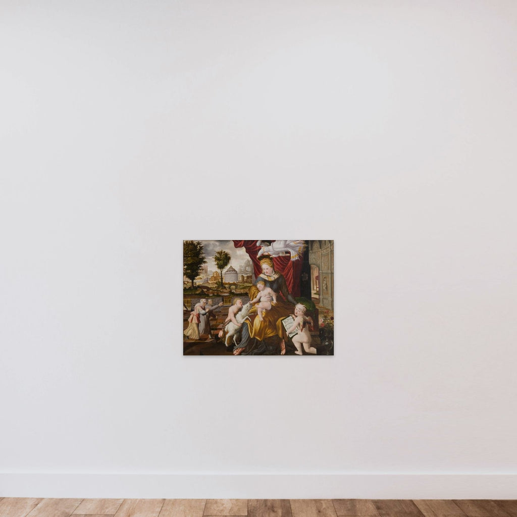 Madonna med barnet omgivet af den lille Johannes og to engle, hvoraf den ene bringer et scepter og kroner Maria med en laurbærkrans unframed — shown to scale