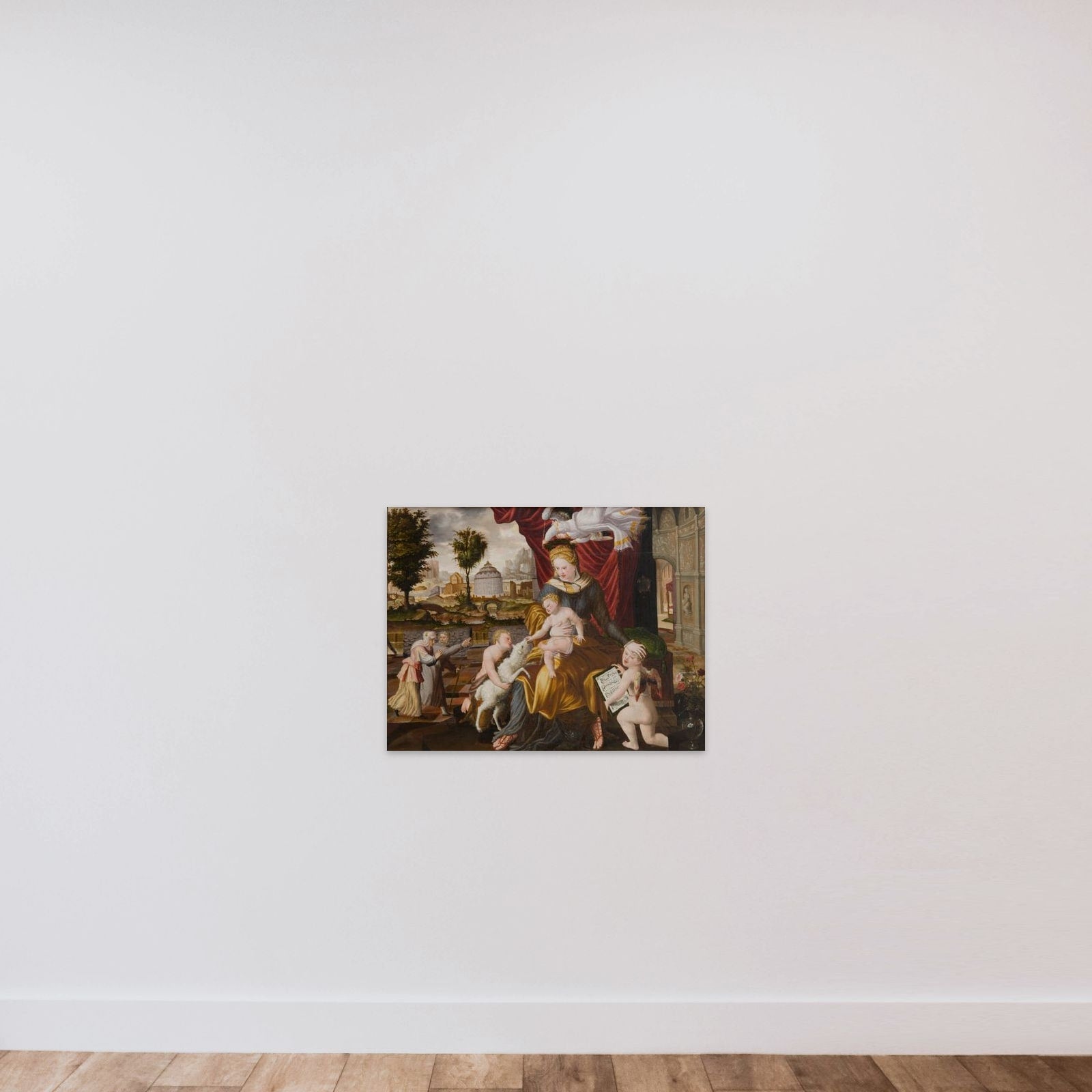 Madonna med barnet omgivet af den lille Johannes og to engle, hvoraf den ene bringer et scepter og kroner Maria med en laurbærkrans unframed — shown to scale