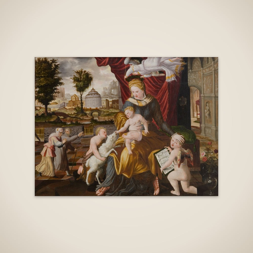 Madonna med barnet omgivet af den lille Johannes og to engle, hvoraf den ene bringer et scepter og kroner Maria med en laurbærkrans unframed print