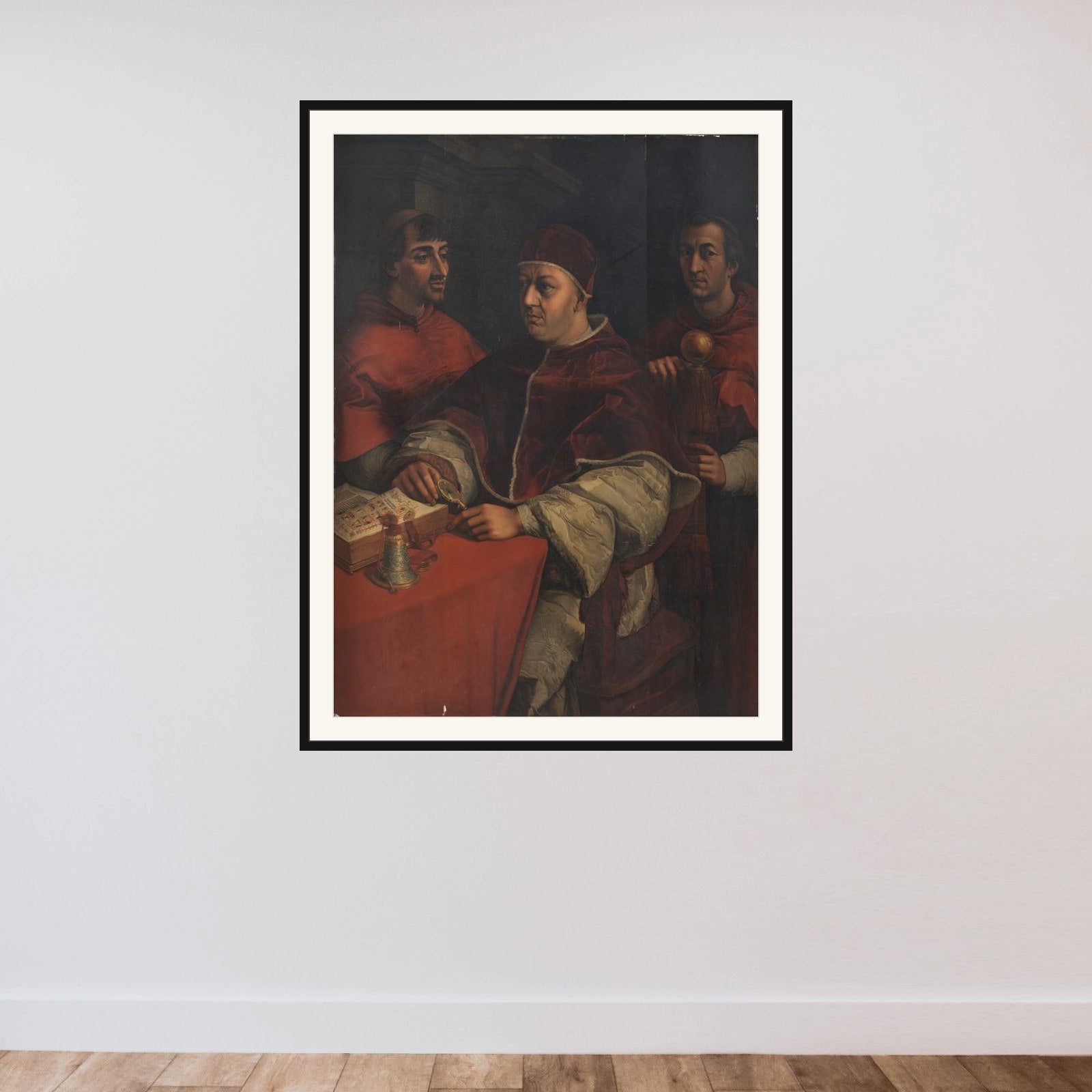 Pave Leo X og kardinalerne Ludovico de' Rossi og Giulio de' Medici. Kopi efter Rafael framed — shown to scale
