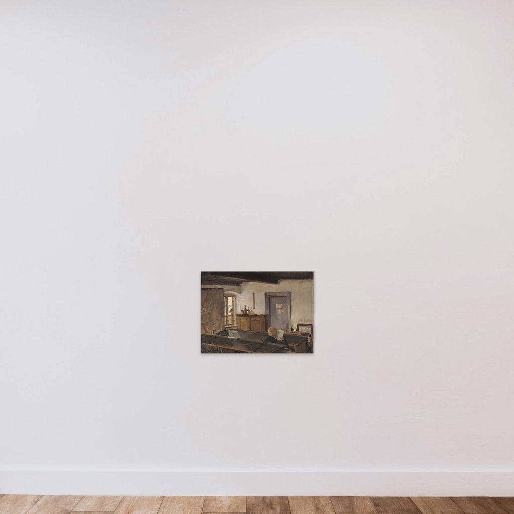 En skolestue med en læsende dreng unframed — shown to scale