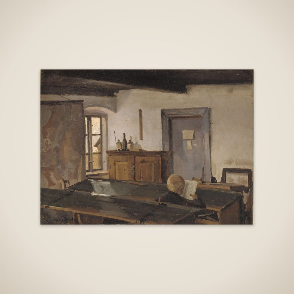 En skolestue med en læsende dreng unframed print