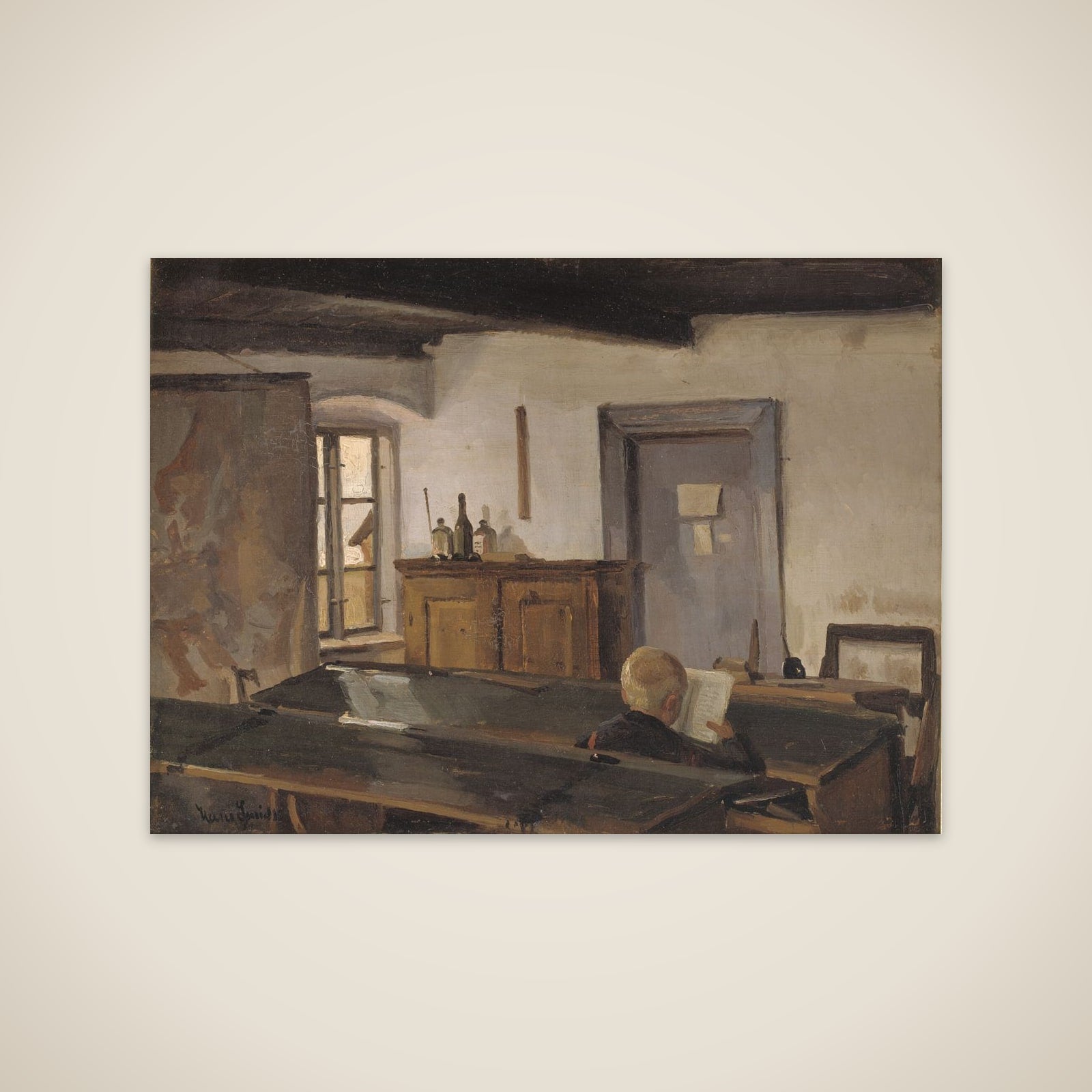 En skolestue med en læsende dreng unframed print