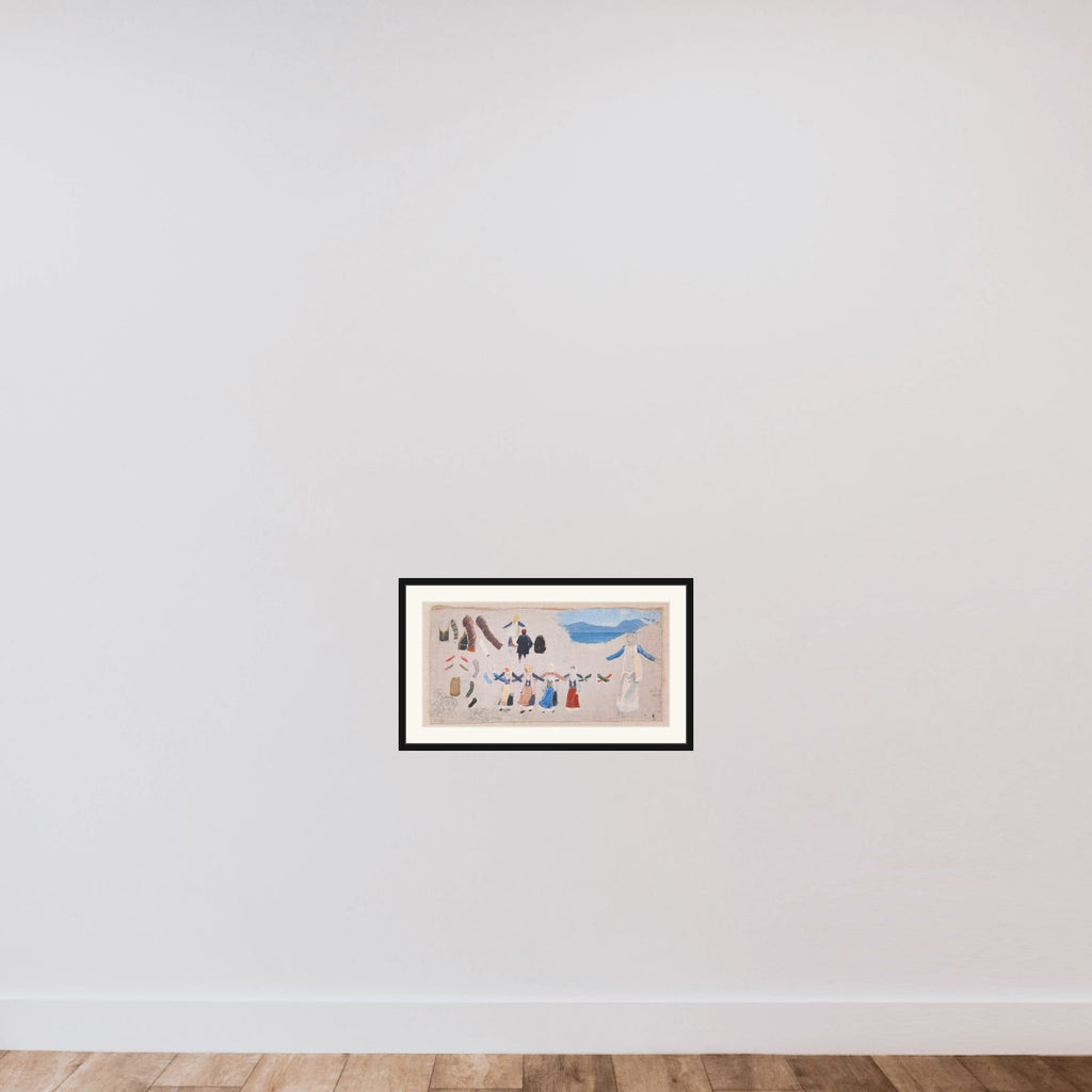 Dansende kvinder, dragtdetailler og et landskab framed — shown to scale