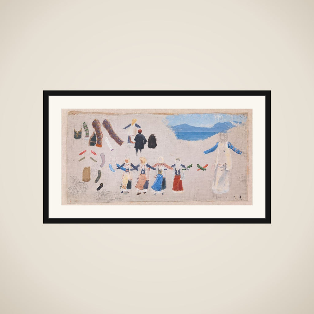 Dansende kvinder, dragtdetailler og et landskab framed