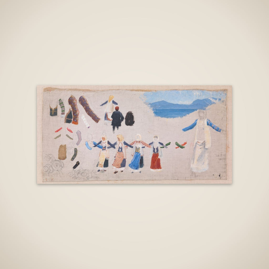 Dansende kvinder, dragtdetailler og et landskab unframed print