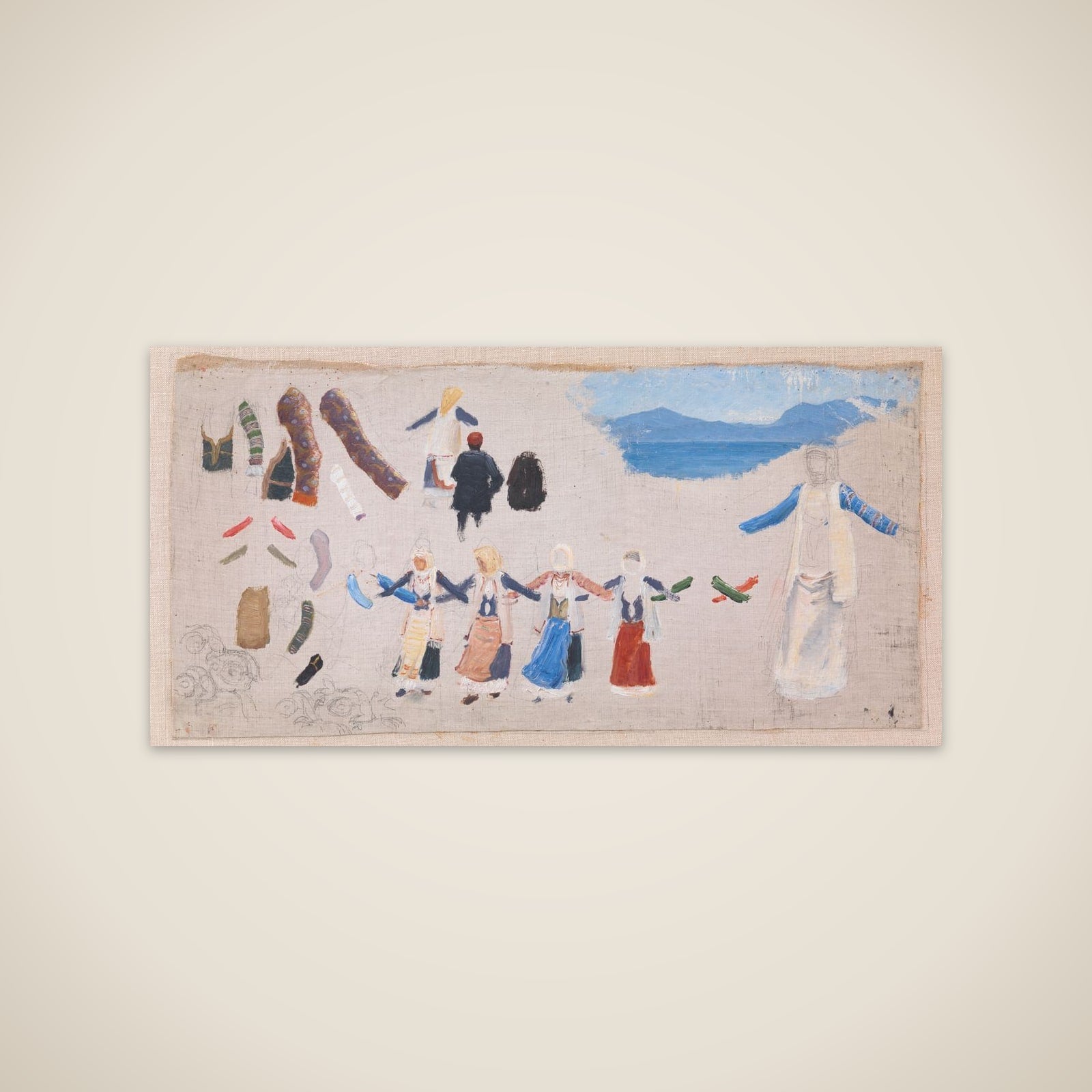 Dansende kvinder, dragtdetailler og et landskab unframed print