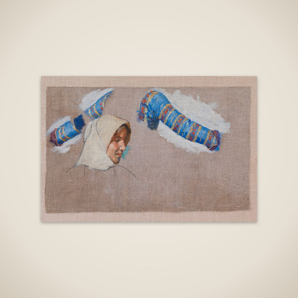 Dragtstudier og studie af et kvindehovede. Megara unframed print