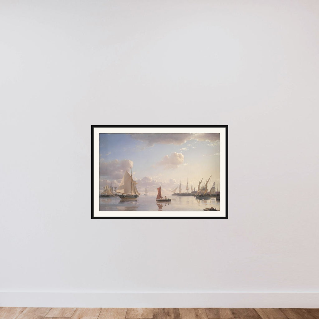 Udsigt fra Langelinie mod Nyholm med Mastekranen. Morgenbelysning framed — shown to scale