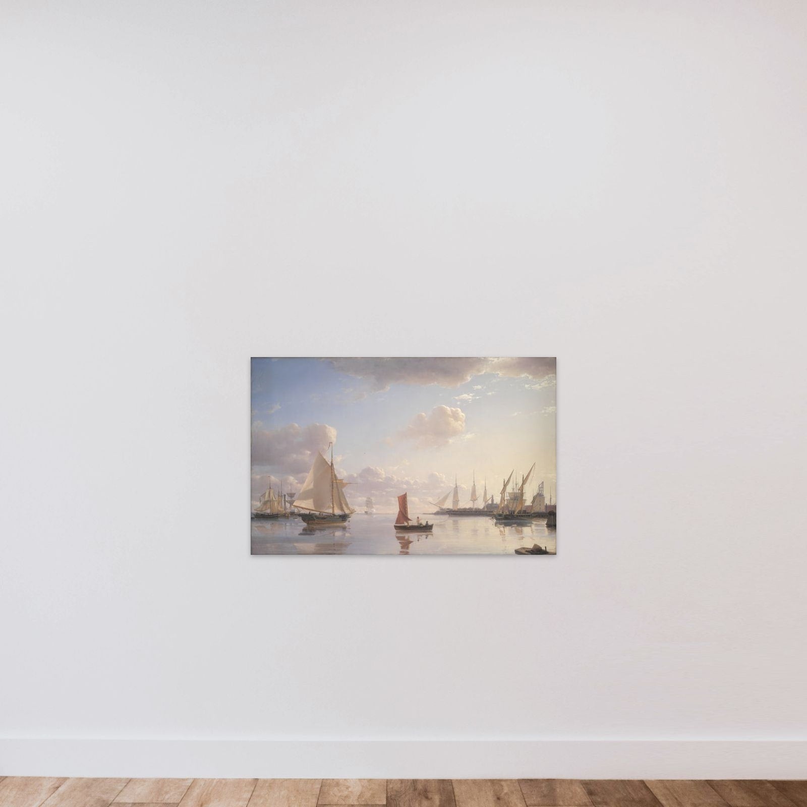 Udsigt fra Langelinie mod Nyholm med Mastekranen. Morgenbelysning unframed — shown to scale